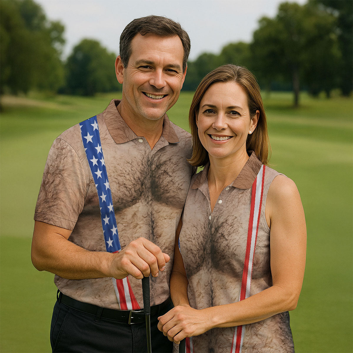 Hairy Body Funny Print Patriotic Golf Shirt, 250th Anniversary 4th Of July Golf Shirts For Men