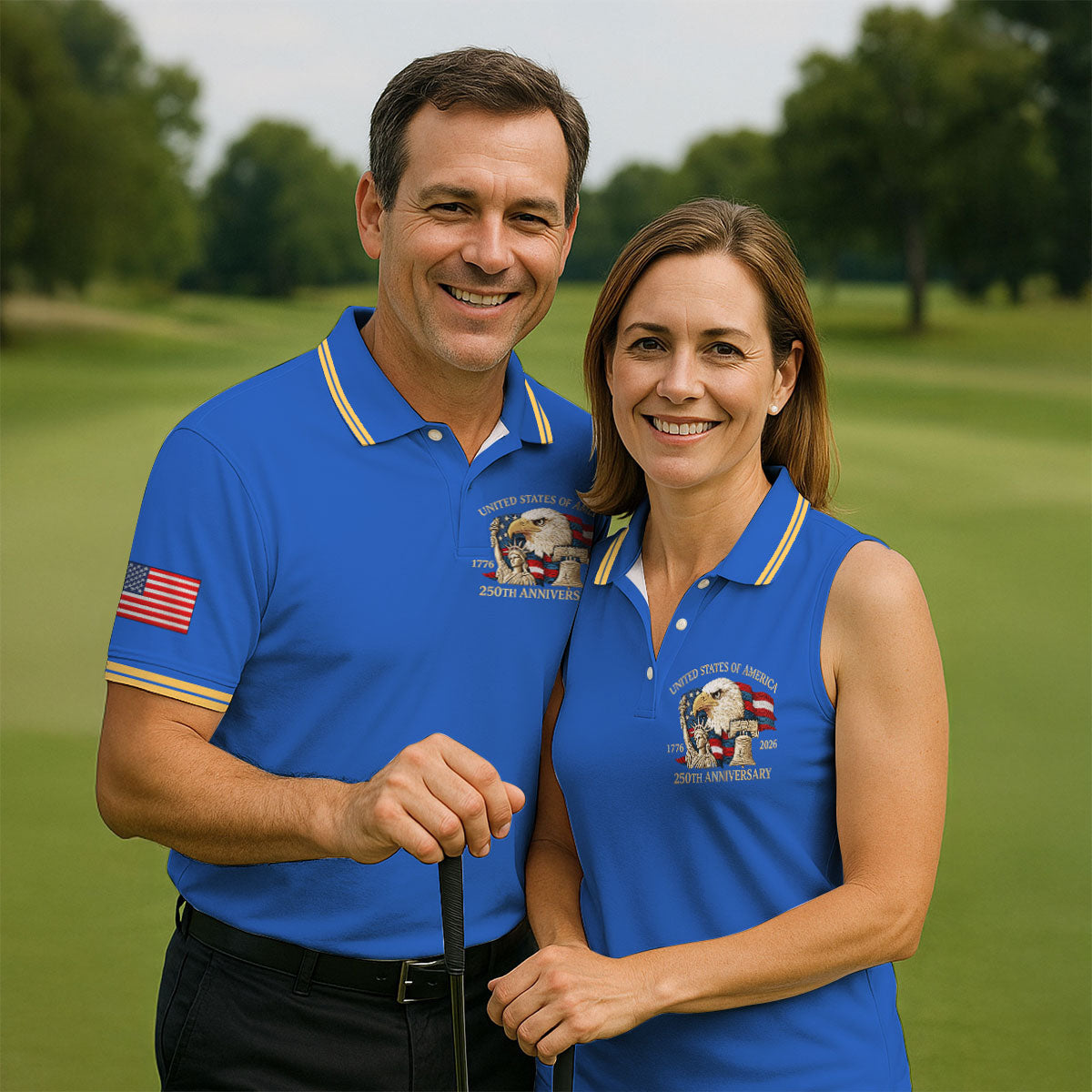 Bald Eagle American Flag 250 Years Blue Golf Shirt, Patriotic 4th Of July Golf Shirts For Men