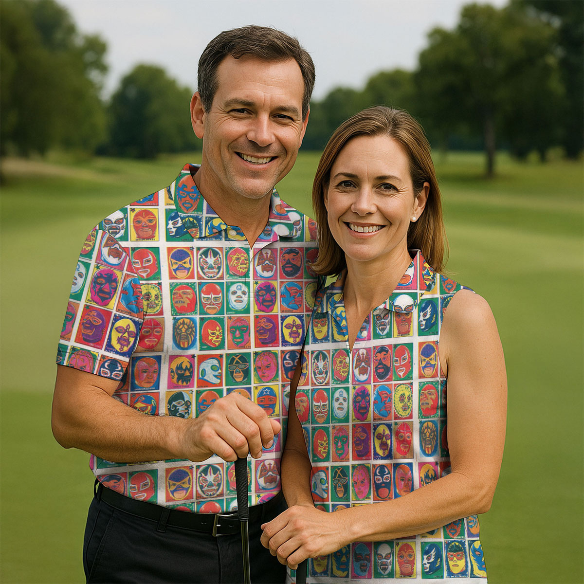 Lucha Libre Mask Grid Pattern Golf Tops For Men, Cinco De Mayo Celebration Golf Shirts For Men