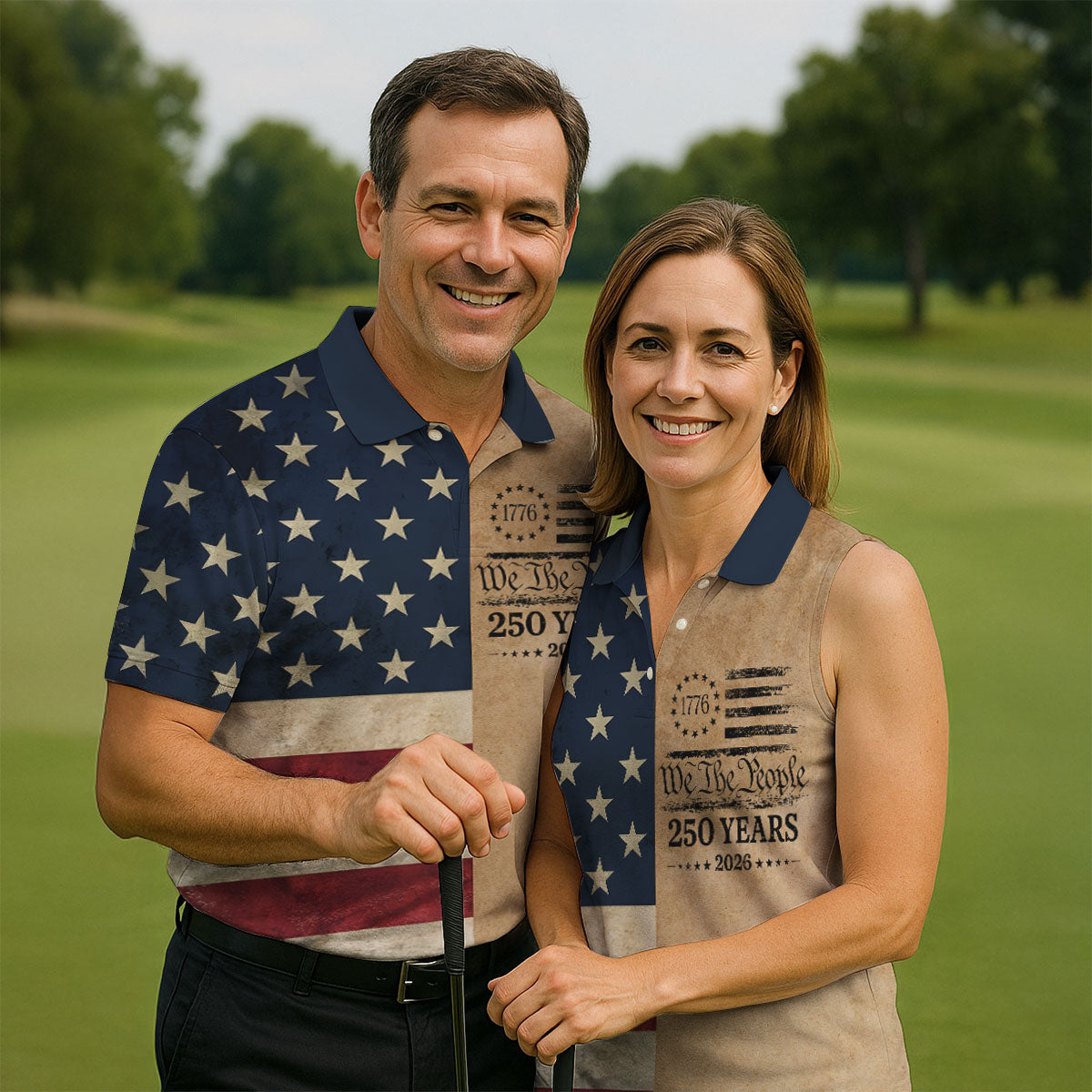 We The People 250 Years US Flag Pattern Patriotic Golf Shirt, 4th Of July Golf Shirts For Men