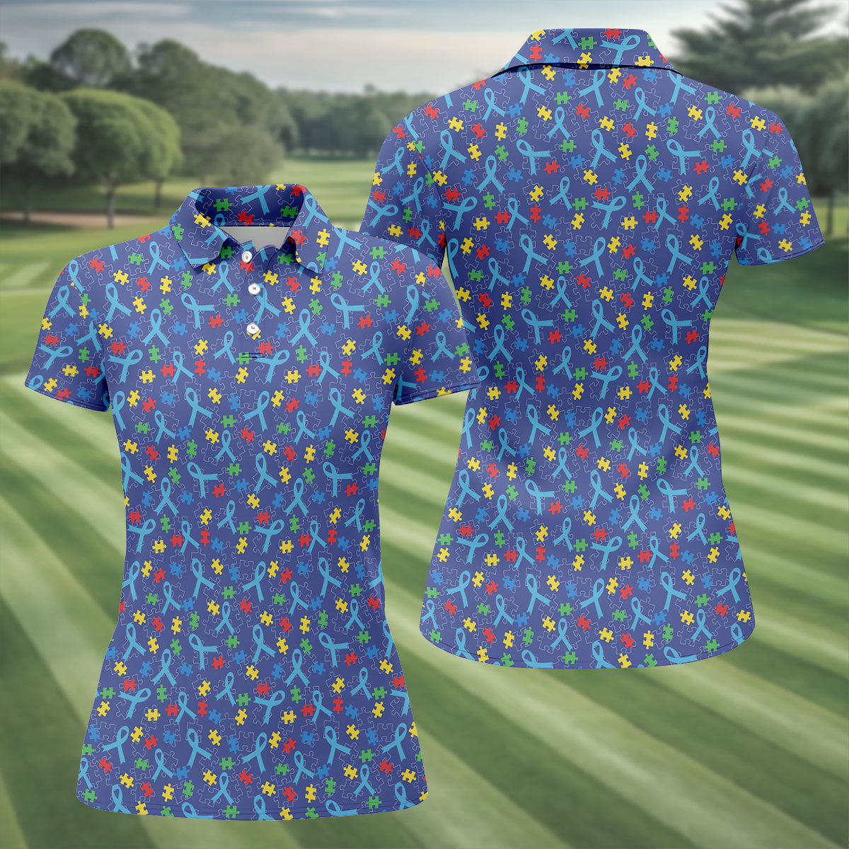 Autism Puzzle Ribbon Pattern Women's Golf Tops, Autism Awareness Color Ladies Golf Polos
