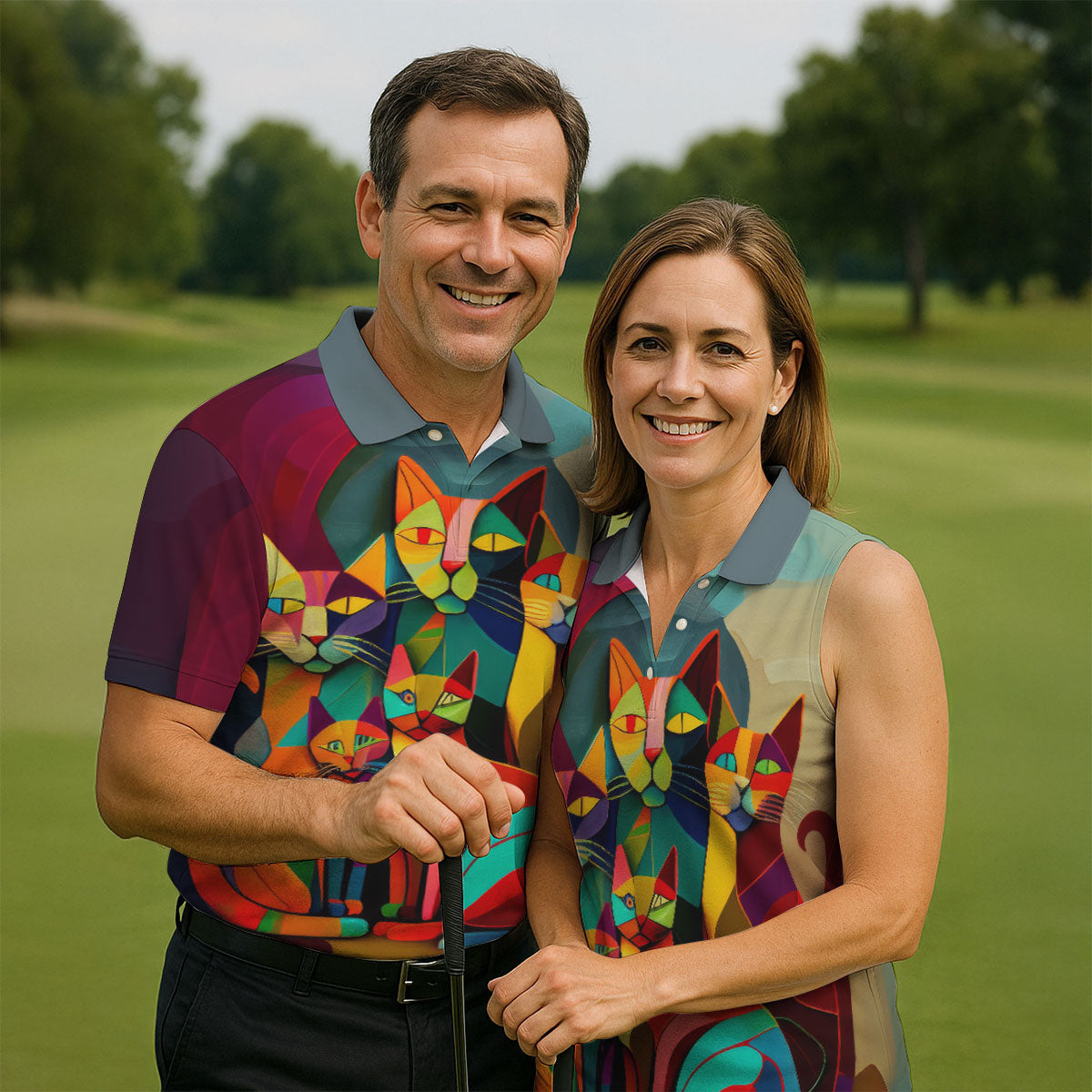 Abstract Colorful Cat Halloween Golf Polo Shirt, Men's Golf Shirt, Hawaiian Golf Shirt