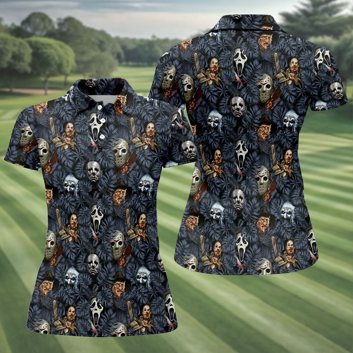 Tropical Horror Character Halloween Golf Shirt, Women's Golf Apparel, Golf Polo For Women