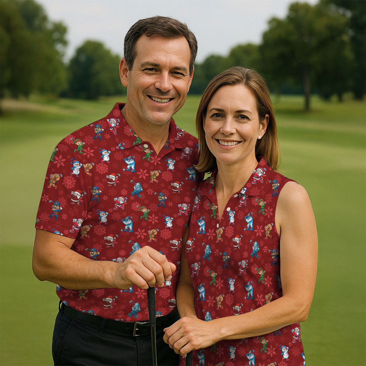 Funny Christmas Characters Golf Pose Red Golf Shirt, Christmas Golf Shirt, Polo Shirts For Men