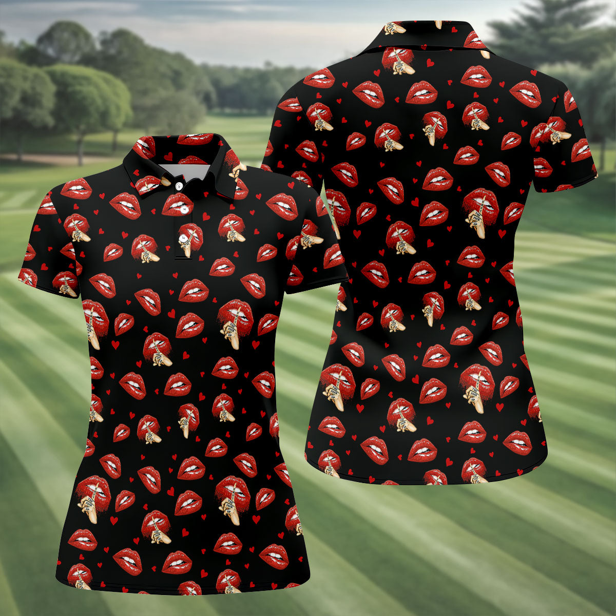 Sassy Red Lips Golf Shirt, Funny Valentine Pattern Design, Women’s Golf Polo