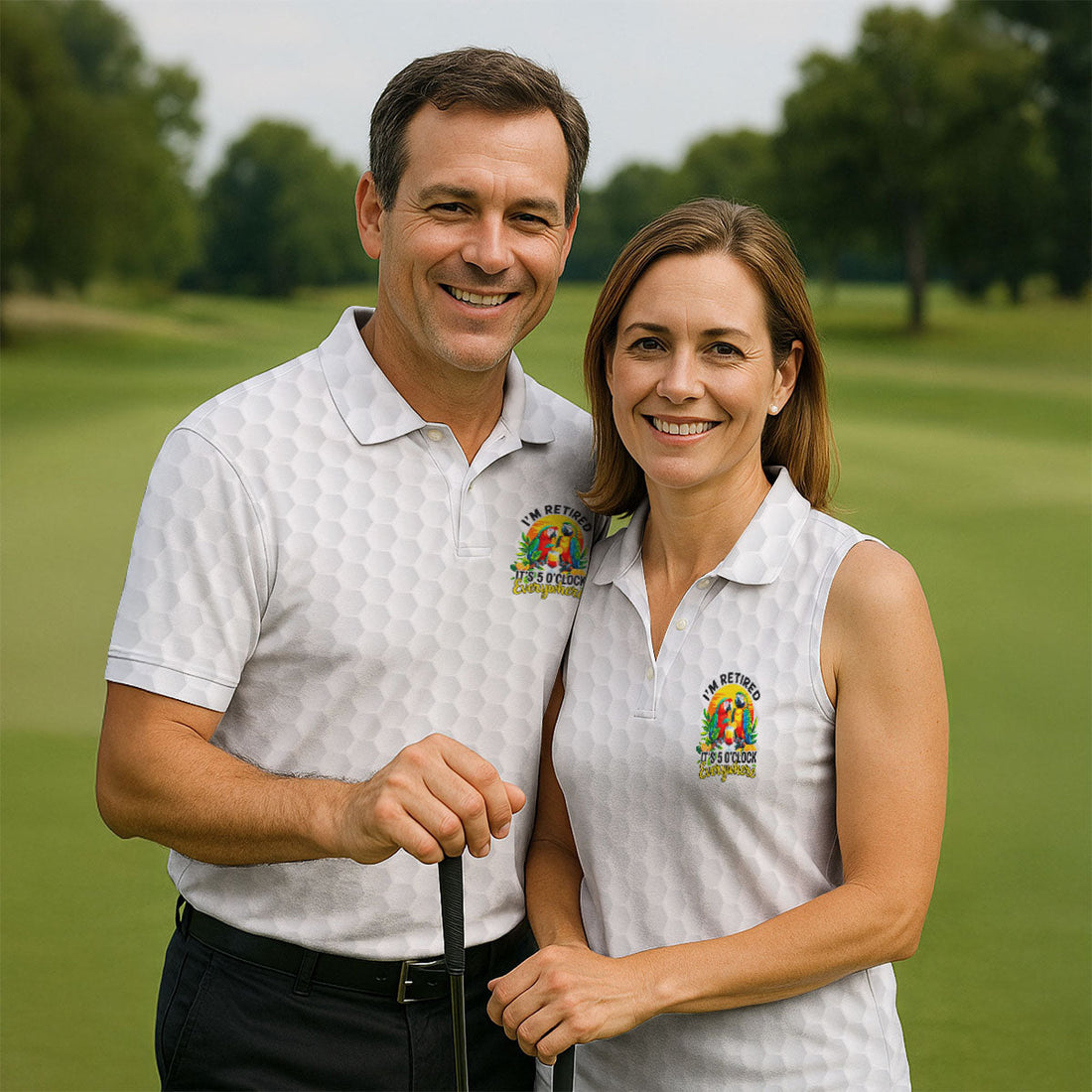 White Tropical Parrot Happy Retirement Golf Polo Shirt, Hawaiian Golf Shirt, Mens Golf Shirts
