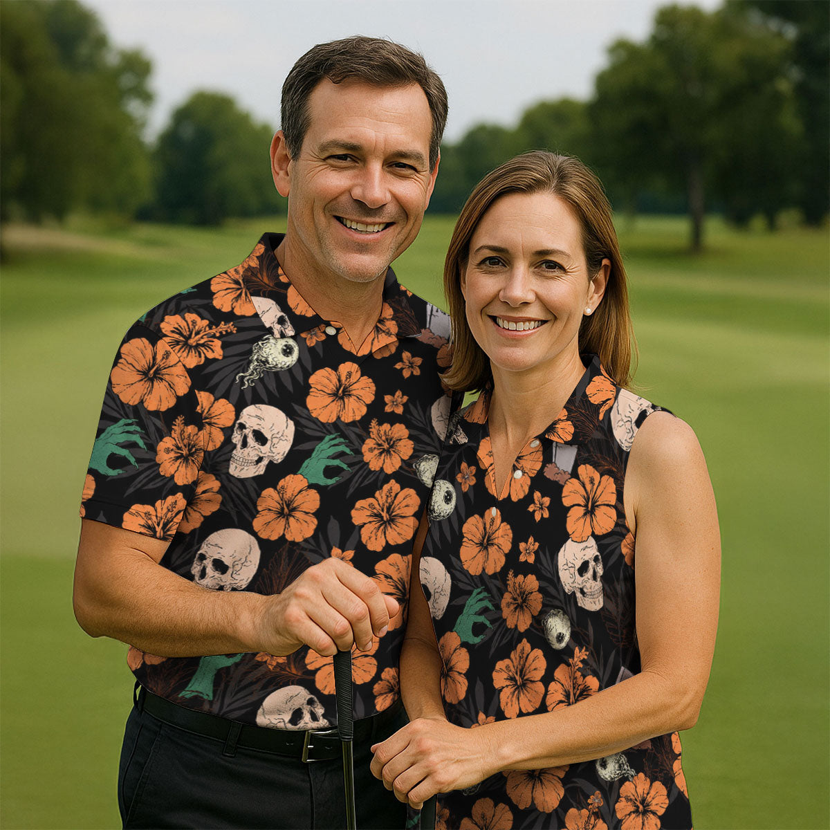 Halloween Skull Hibiscus Floral Pattern Golf Polo Shirt, Golf Polo Shirts For Men, Mens Golf Apparel