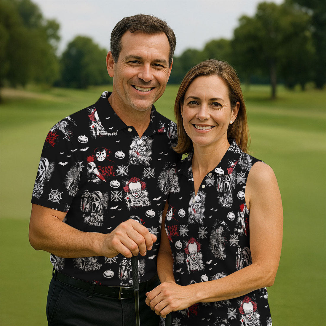 Funny Horror Character Men's Golf Polo ShirtScary Movie Shirt, Fun Golf Polo ShirtHalloween Gift