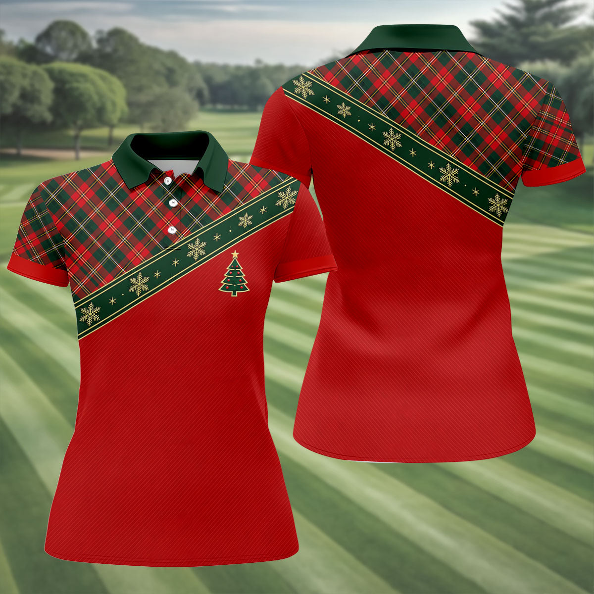 Red Plaid Snowflake Tree Christmas Golf Shirt, Womens Golf Tops, Ladies Golf Shirts