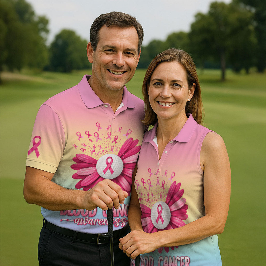 Blood Cancer Awareness Flower Golf Polo Shirt, Mens Golf Shirts, Golf Apparel For Men