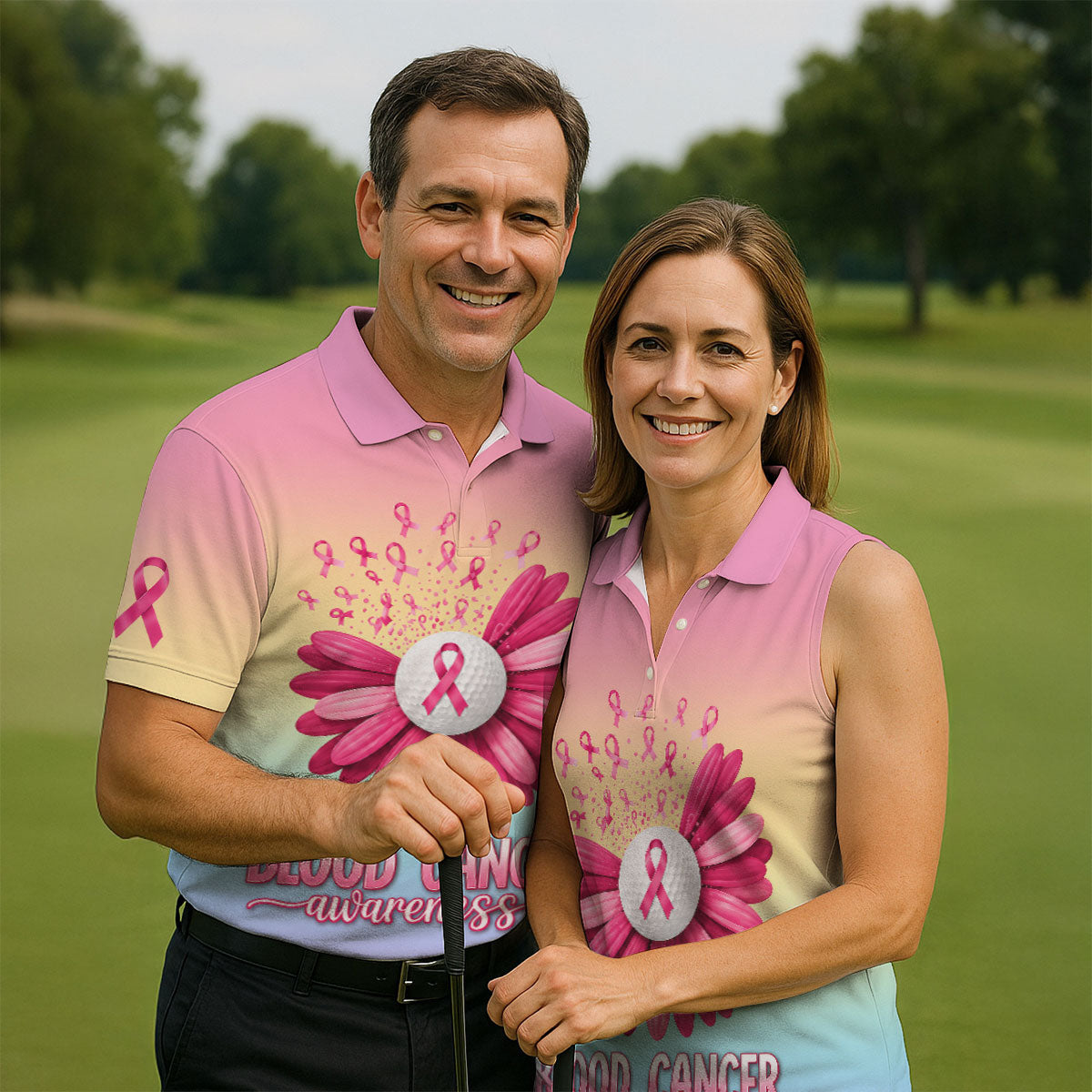 Blood Cancer Awareness Flower Golf Polo Shirt, Mens Golf Shirts, Golf Apparel For Men