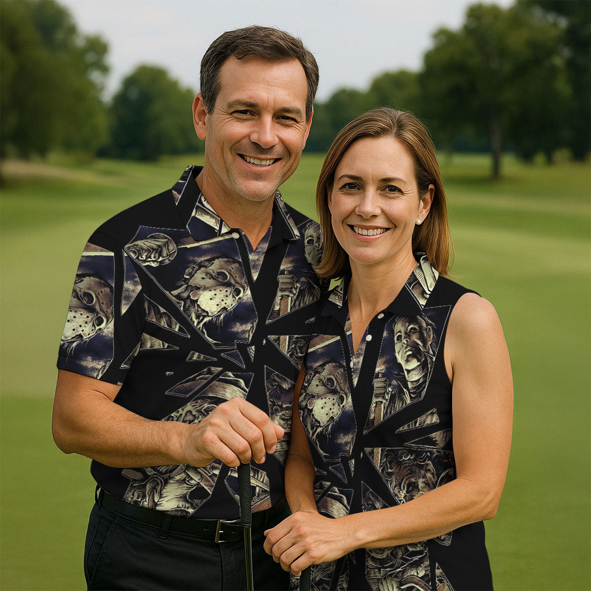 Broken Glass Horror Character Collage Golf Polo Shirt, Mens Golf Shirts, Hawaiian Golf Shirt
