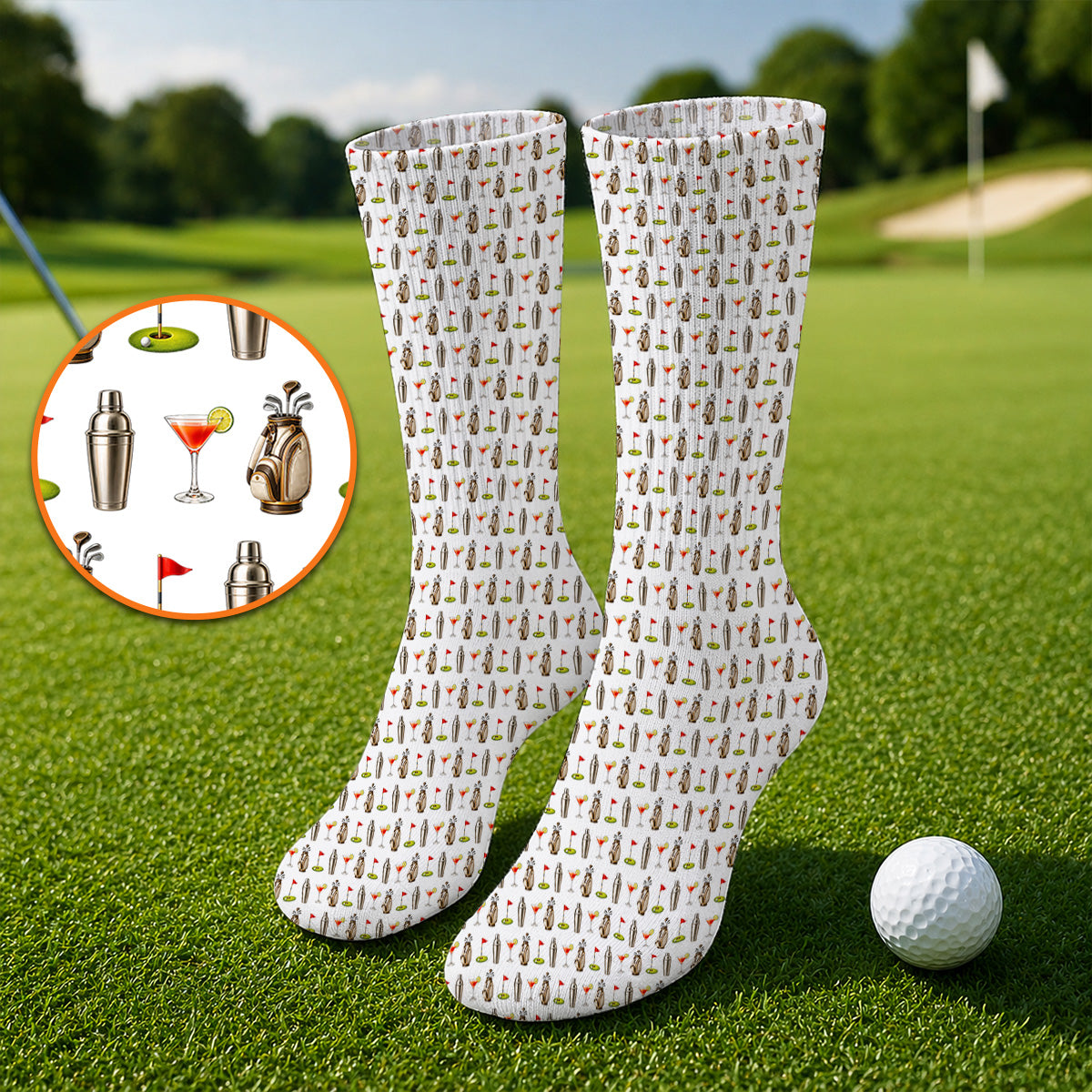 Golf & Cocktails Golf Sock, Martini Lover Golf Apparel, Funny Golf Socks For Golfer