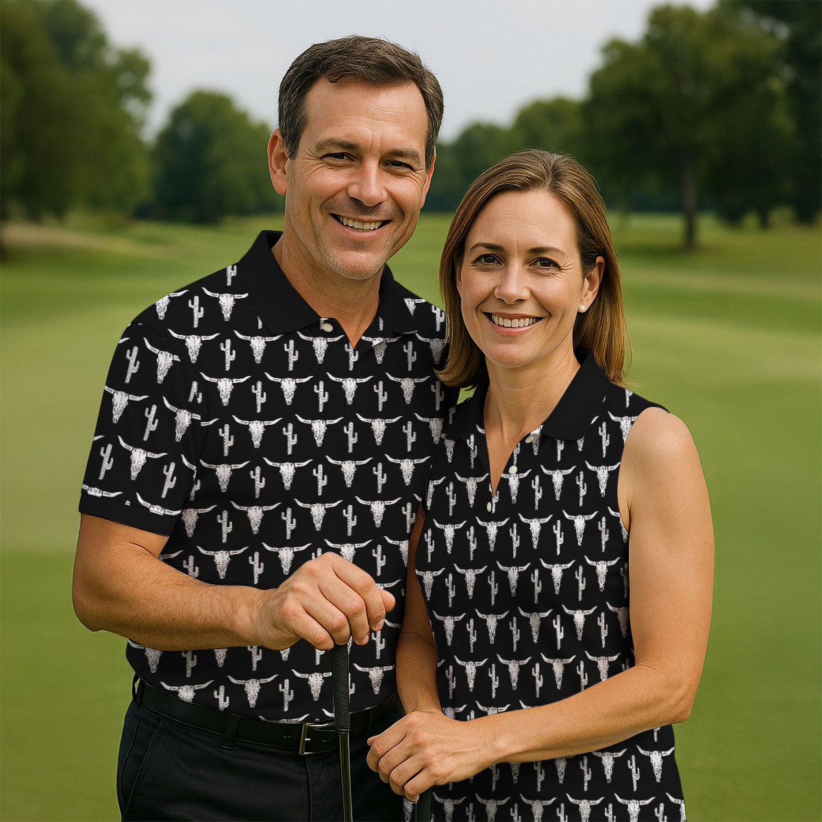 Longhorn Cow Skull Western Theme Black Golf Tops For Men, Polo Shirts For Men, Golf Shirts For Men