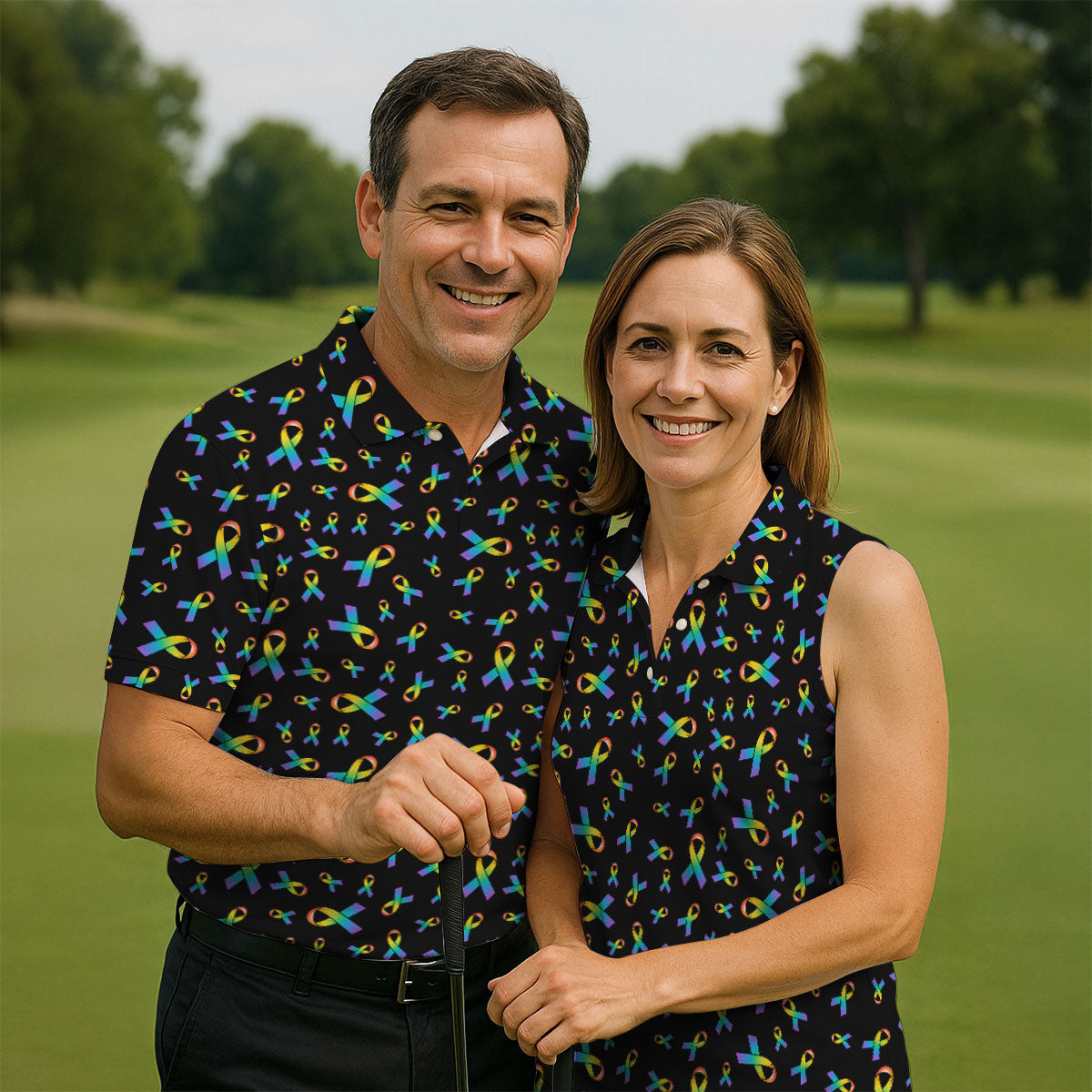 Rainbow Awareness Ribbon Breast Cancer Polo Shirt, Men's Golf Shirt, Printed Golf Shirts