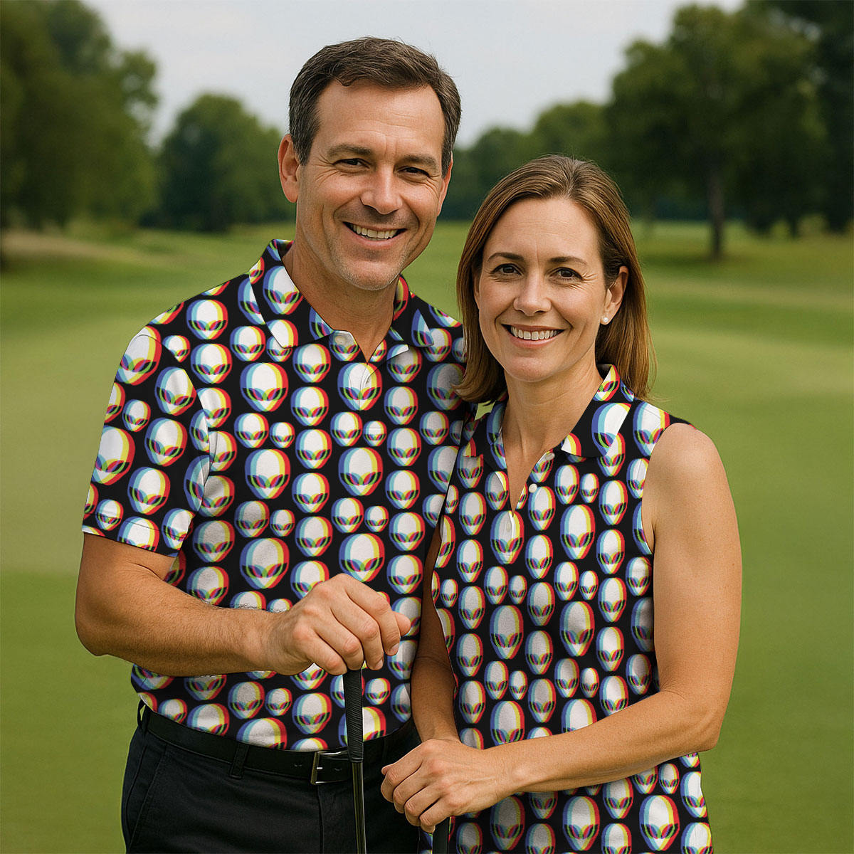 Retro Alien Golf Shirt, Black UFO Pattern Men's Golf Polo, Polo Shirts For Men