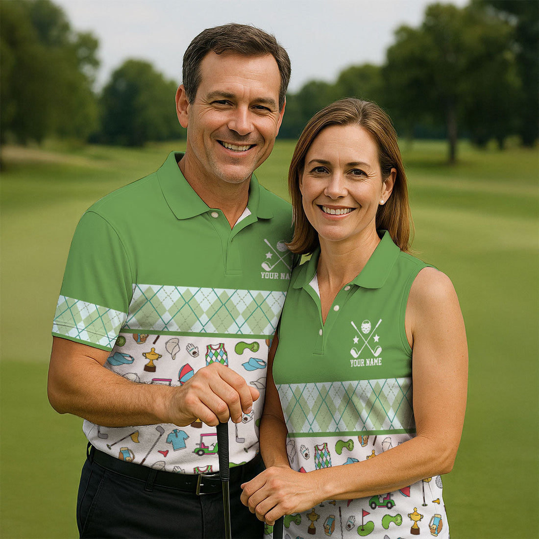 Custom Name Green Argyle Golf Icons Pattern Golf Shirt, Mens Golf Polo, Golf Shirts For Men, Printed Golf Shirts