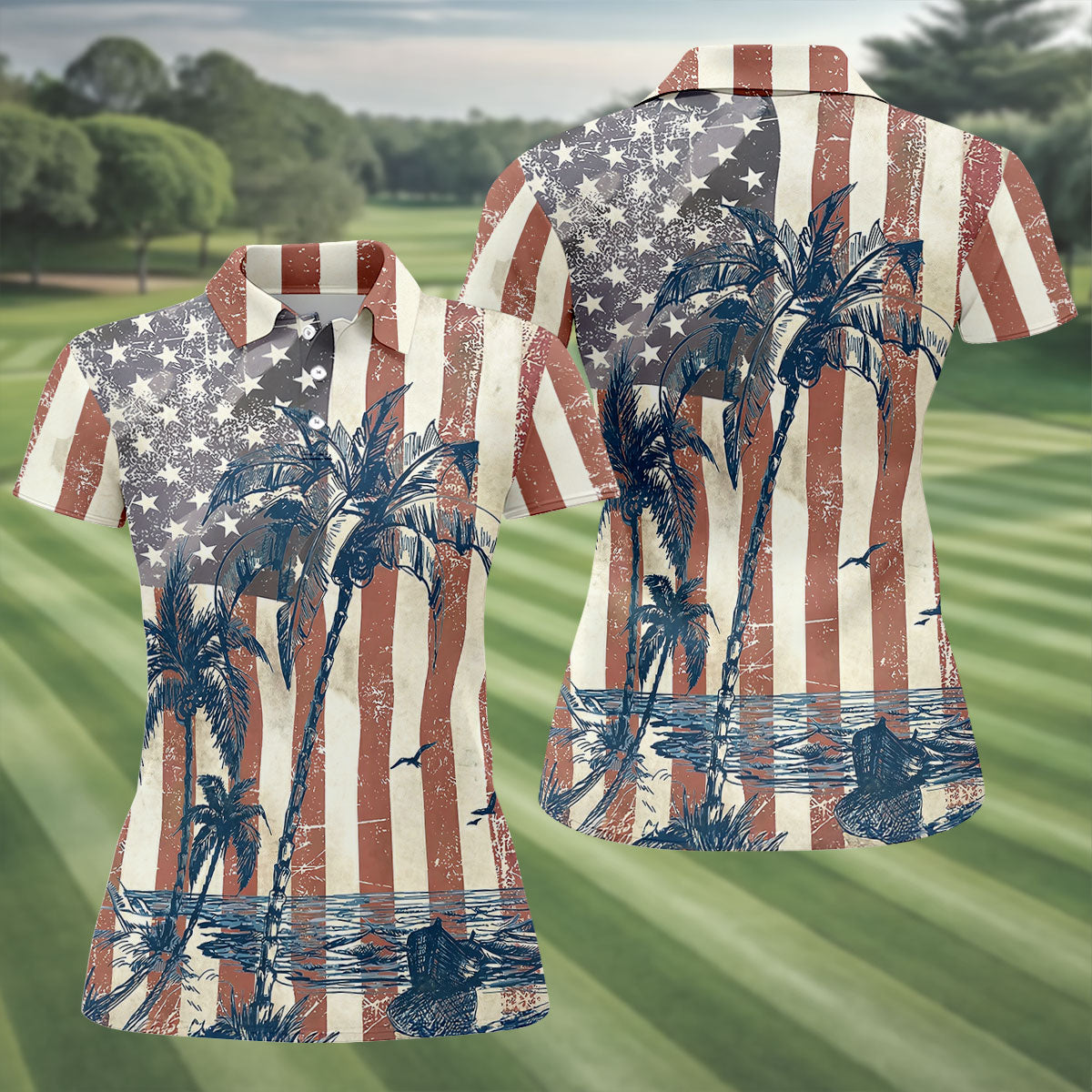 Hawaiian Theme Distressed US Flag Patriotic Golf Shirt, 250 Years 4th Of July Golf Shirt For Women