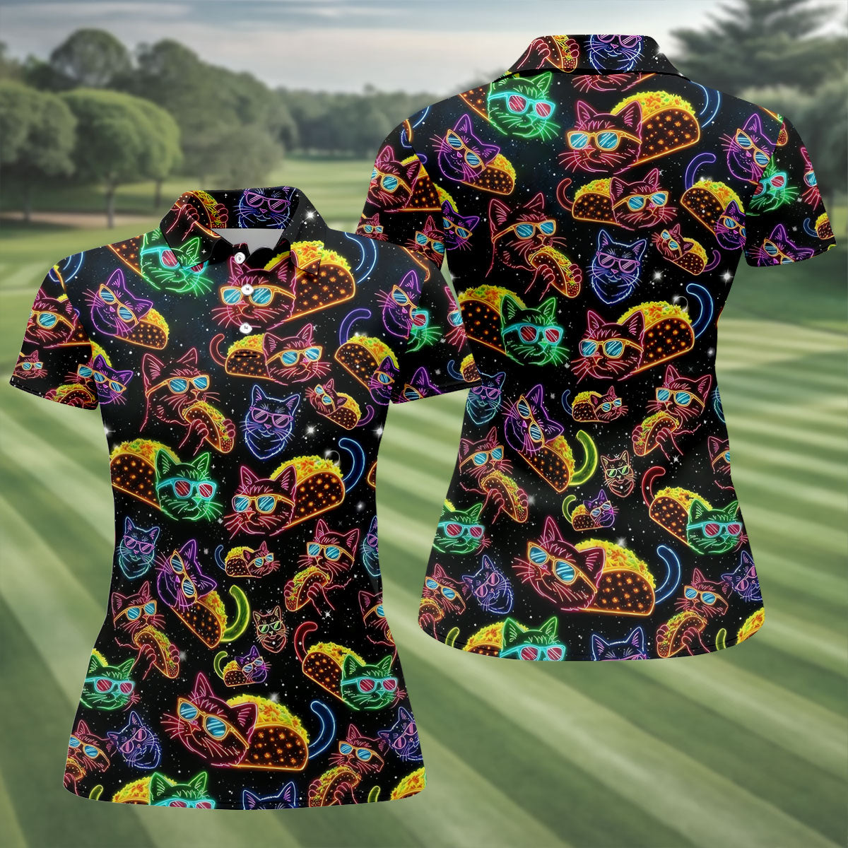Neon Cat Taco Fiesta Time Hawaiian Golf Shirt, Cinco De Mayo Celebration Golf Shirt For Women