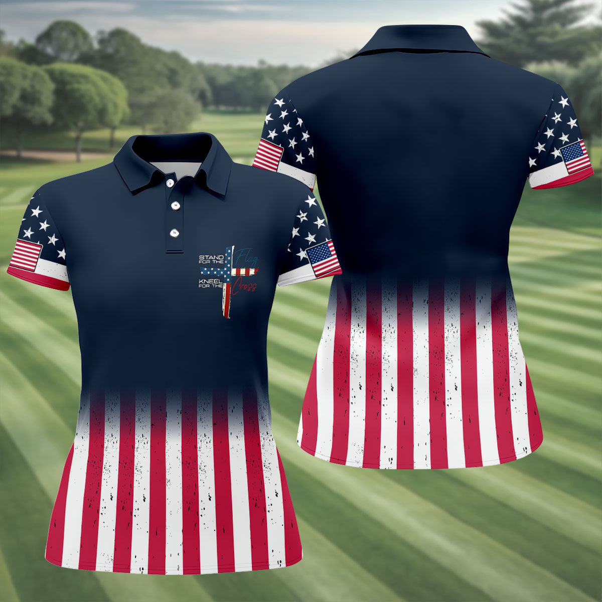 Stand For The Flag Kneel For The Cross Patriotic Golf Shirt, 250 Years 4th Of July Golf Shirt For Women