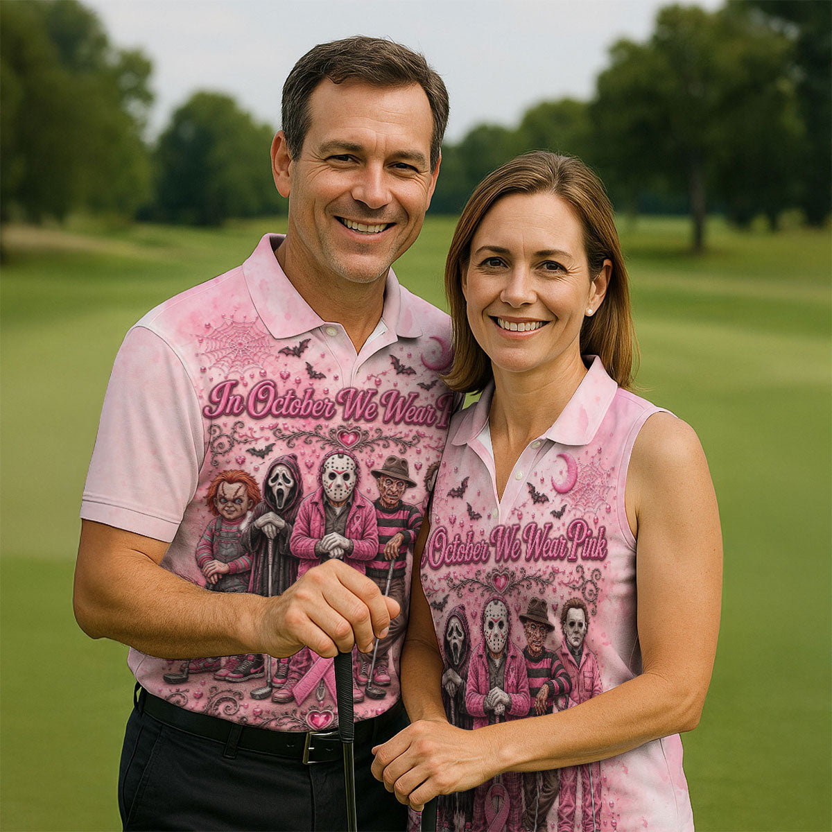 In October We Wear Pink Breast Cancer Horror Characters Golf Polo, Polo Shirts For Men