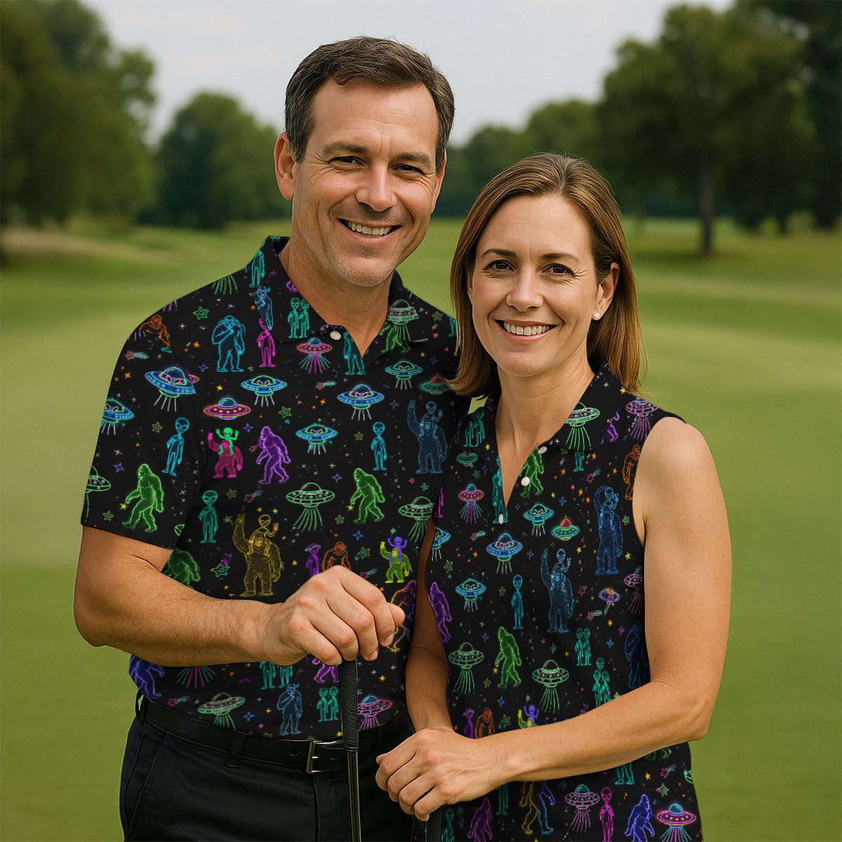 Neon Bigfoot Alien UFO Pattern Golf Polo Shirt, Men's Golf Shirt, Printed Golf Shirts