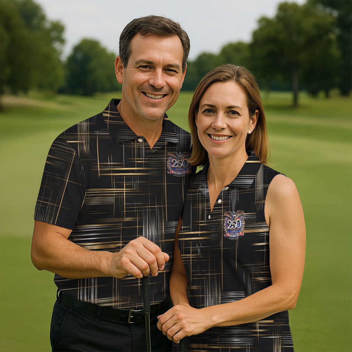 Gold And Silver Grid Pattern Patriotic 4th Of July Golf Shirt, 250 Years Golf Shirts For Men