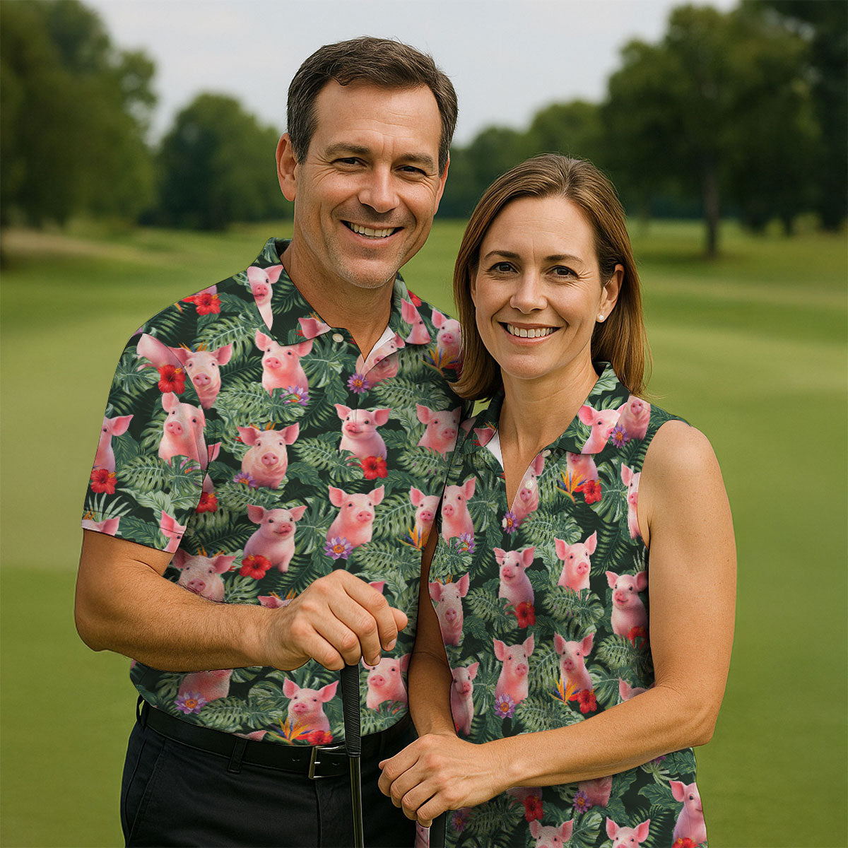 Cute Pig Tropical Monstera Hawaiian Golf Polo Shirt, Hawaiian Golf Shirt, Golf Shirts For Men