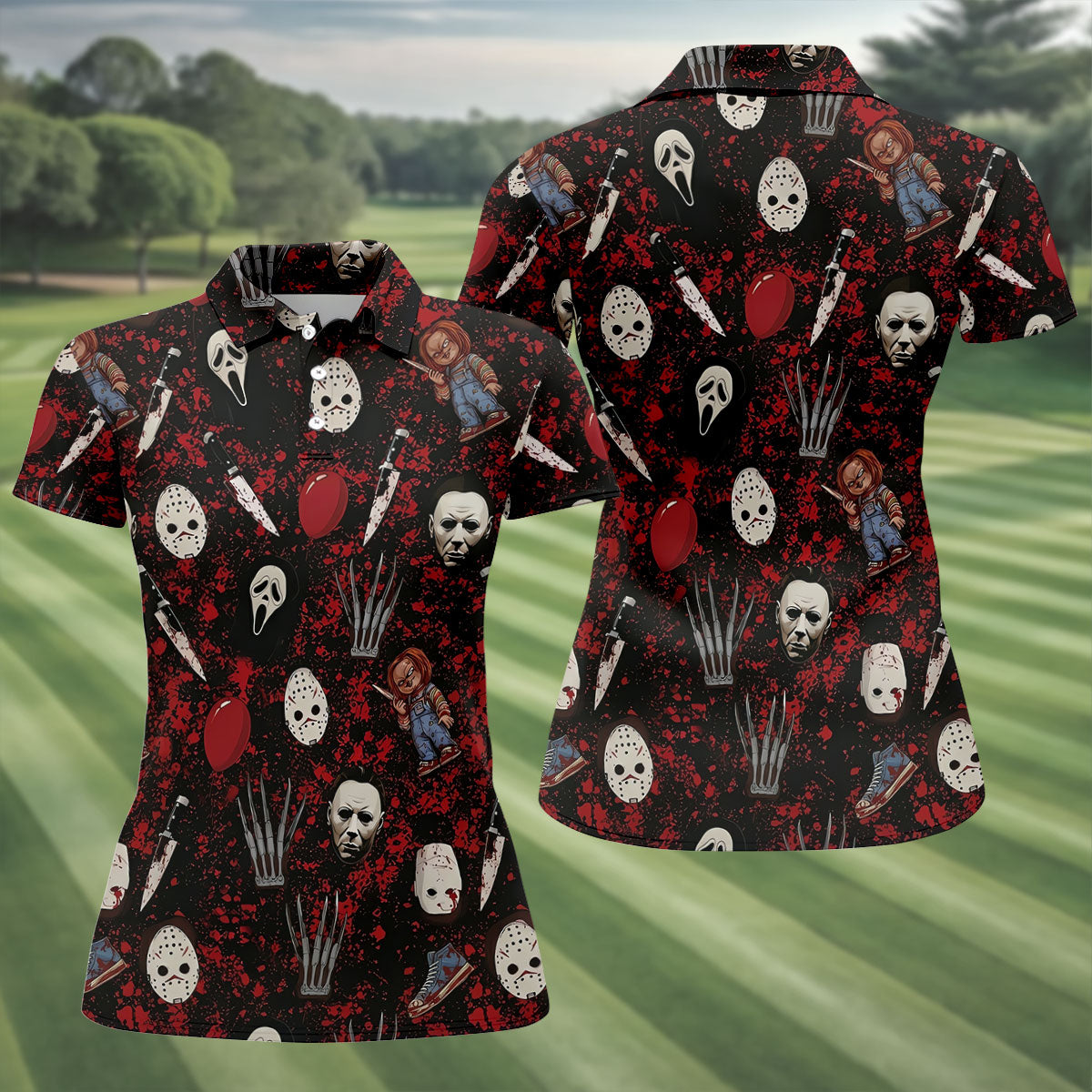 Halloween Horror Character Mask Pattern Hawaiian Golf Shirt, Women's Golf Tops, Golf Polo For Women
