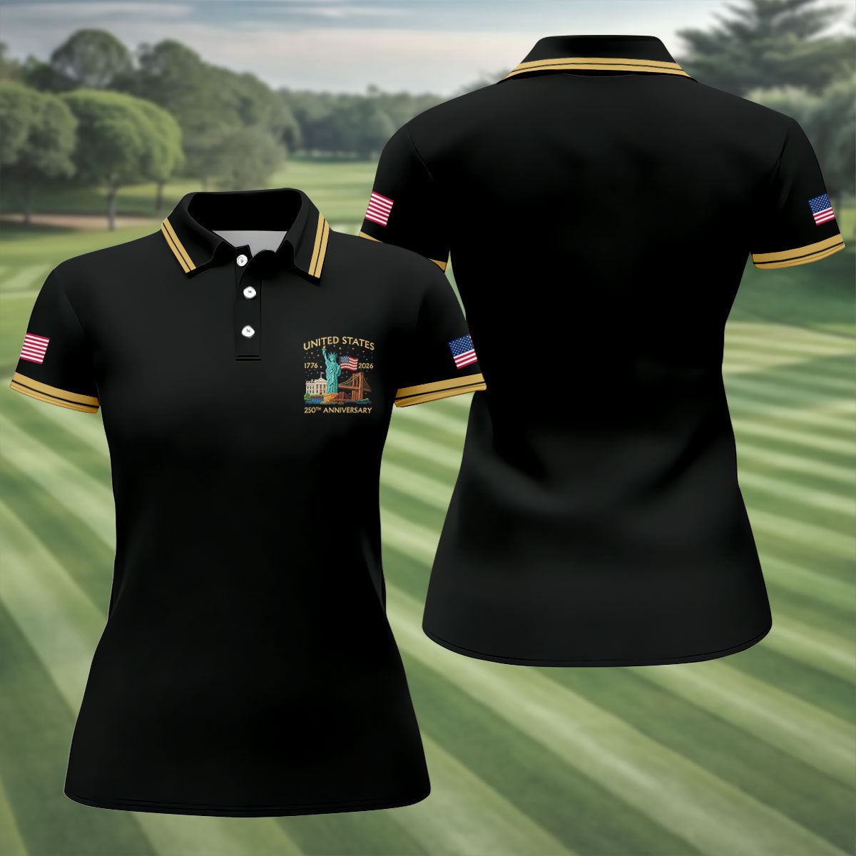 American Symbols Black Patriotic Golf Shirt, US 250 Years 4th Of July Golf Shirt For Women