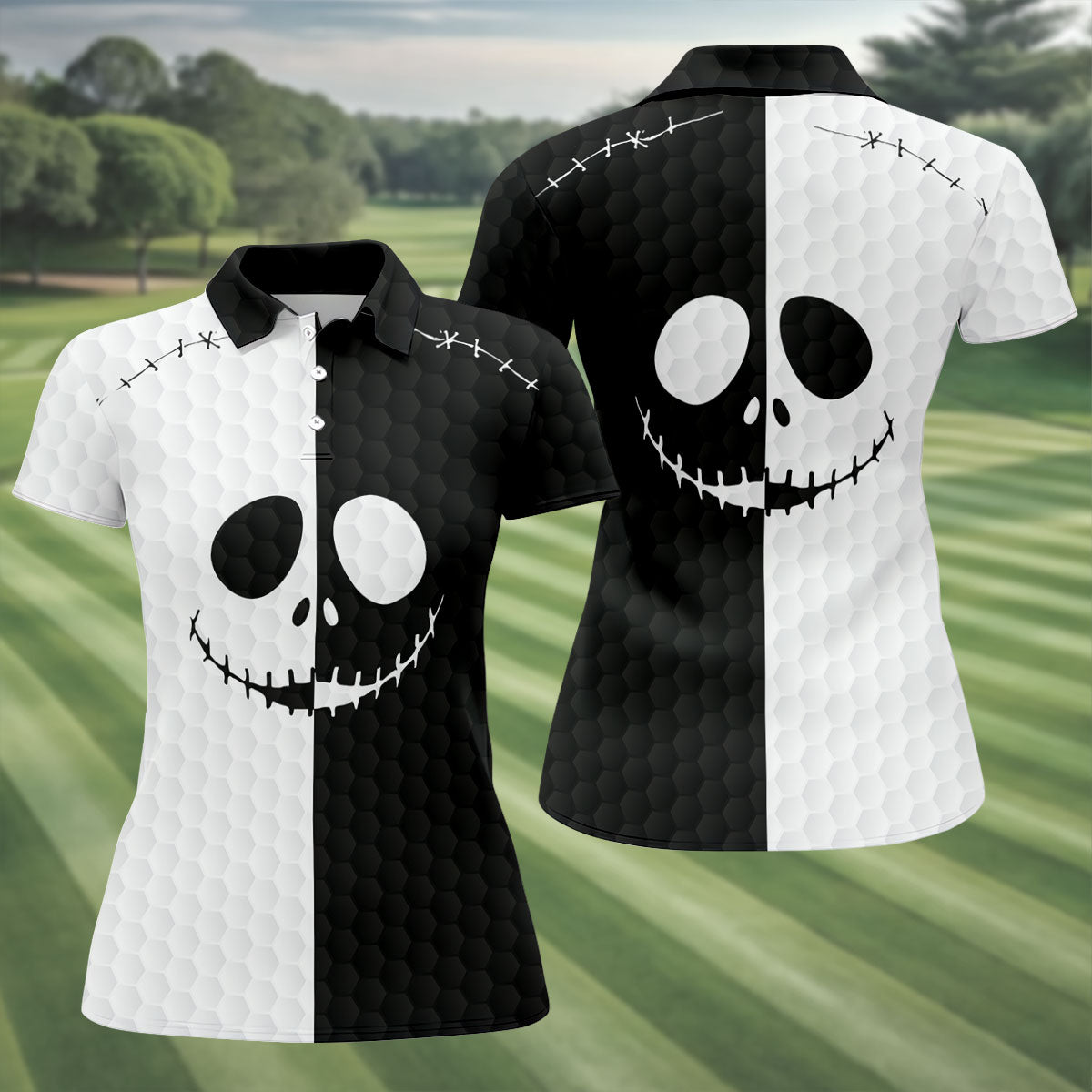 Black White Skull Face Halloween Golf Polo Shirt, Womens Golf Tops, Hawaiian Golf Shirt