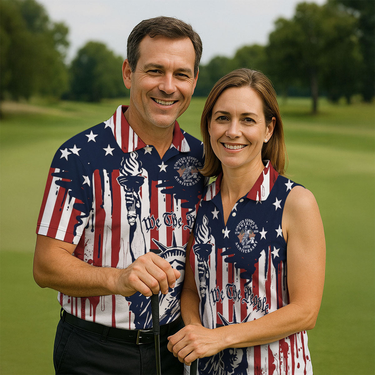 We The People 250 Years Statue Of Liberty And Flag Pattern Patriotic Golf Shirt, Golf Shirts For Men
