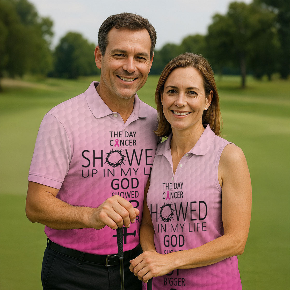 Cancer Showed Up God Showed Up Bigger Breast Cancer Polo Shirt, Mens Golf Shirts