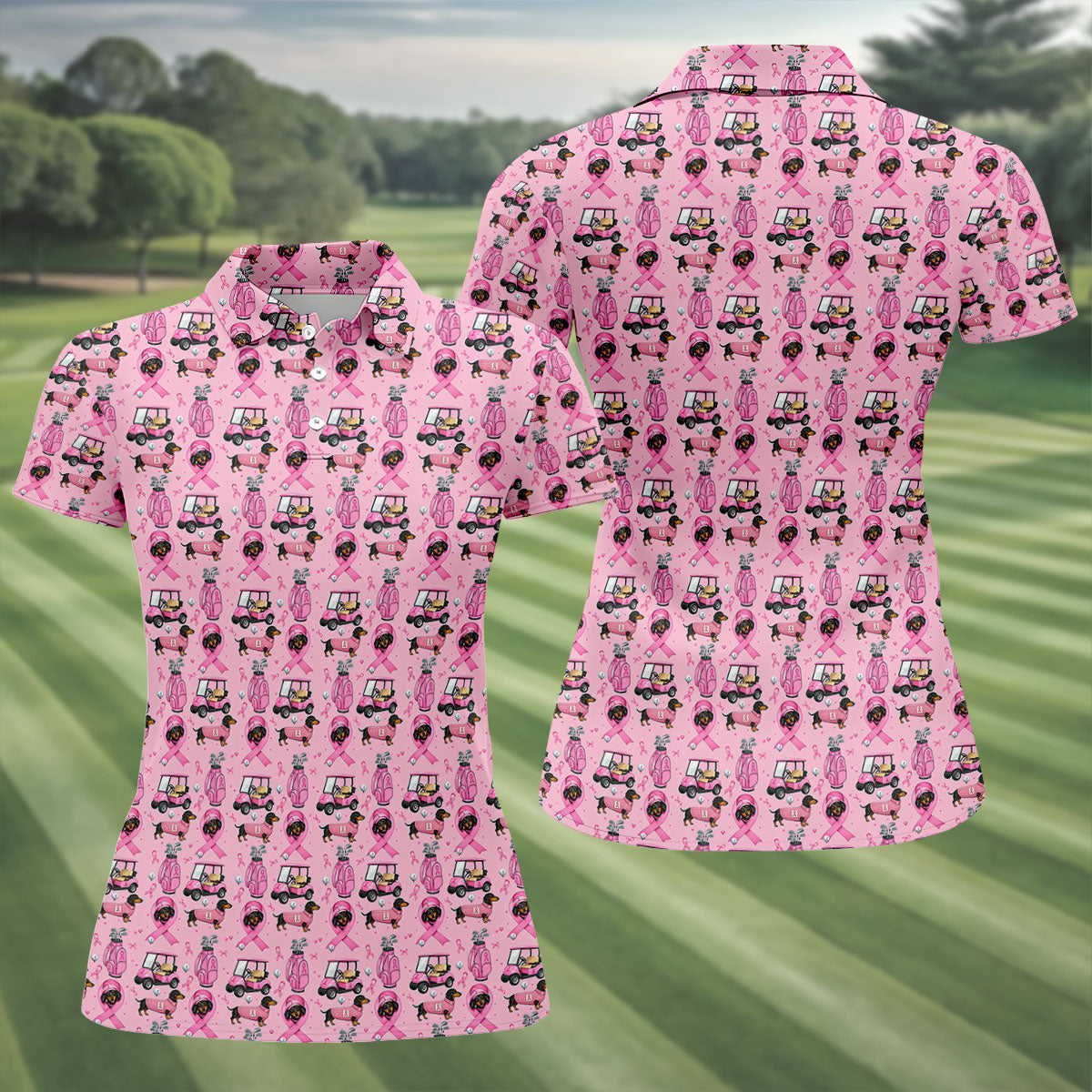 Cute Dog Golf Cart Breast Cancer Ribbon Polo Shirt, Ladies Golf Tops, Women’s Golf Polo