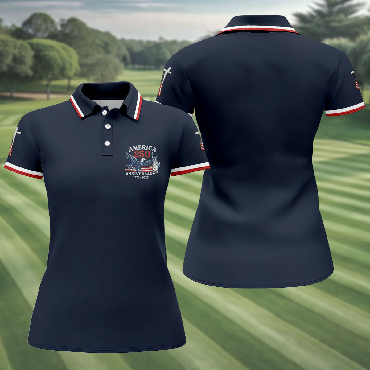 Faith Cross Bald Eagle America 250 Anniversary Navy Patriotic Golf Shirt, Golf Shirt For Women