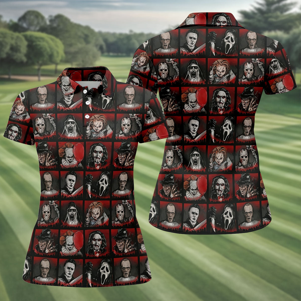 Horror Character Grid Halloween Golf Shirt, Ladies Golf Shirts, Women’s Golf Apparel