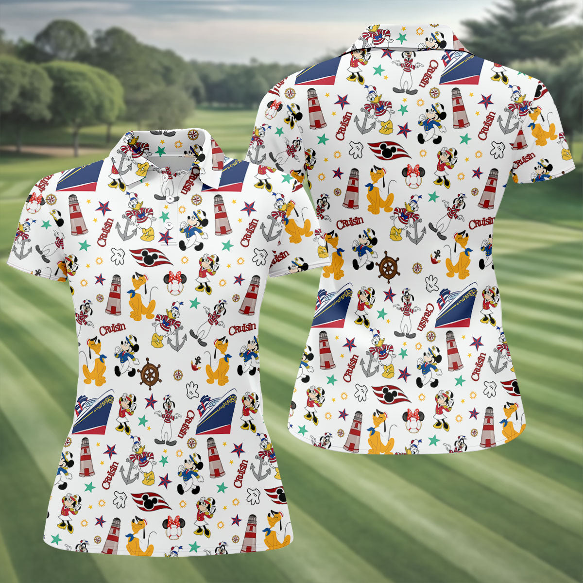 Cartoon Cruise Vacation Pattern Golf Polo Shirt, Golf Shirts For Women, Women’s Golf Polo