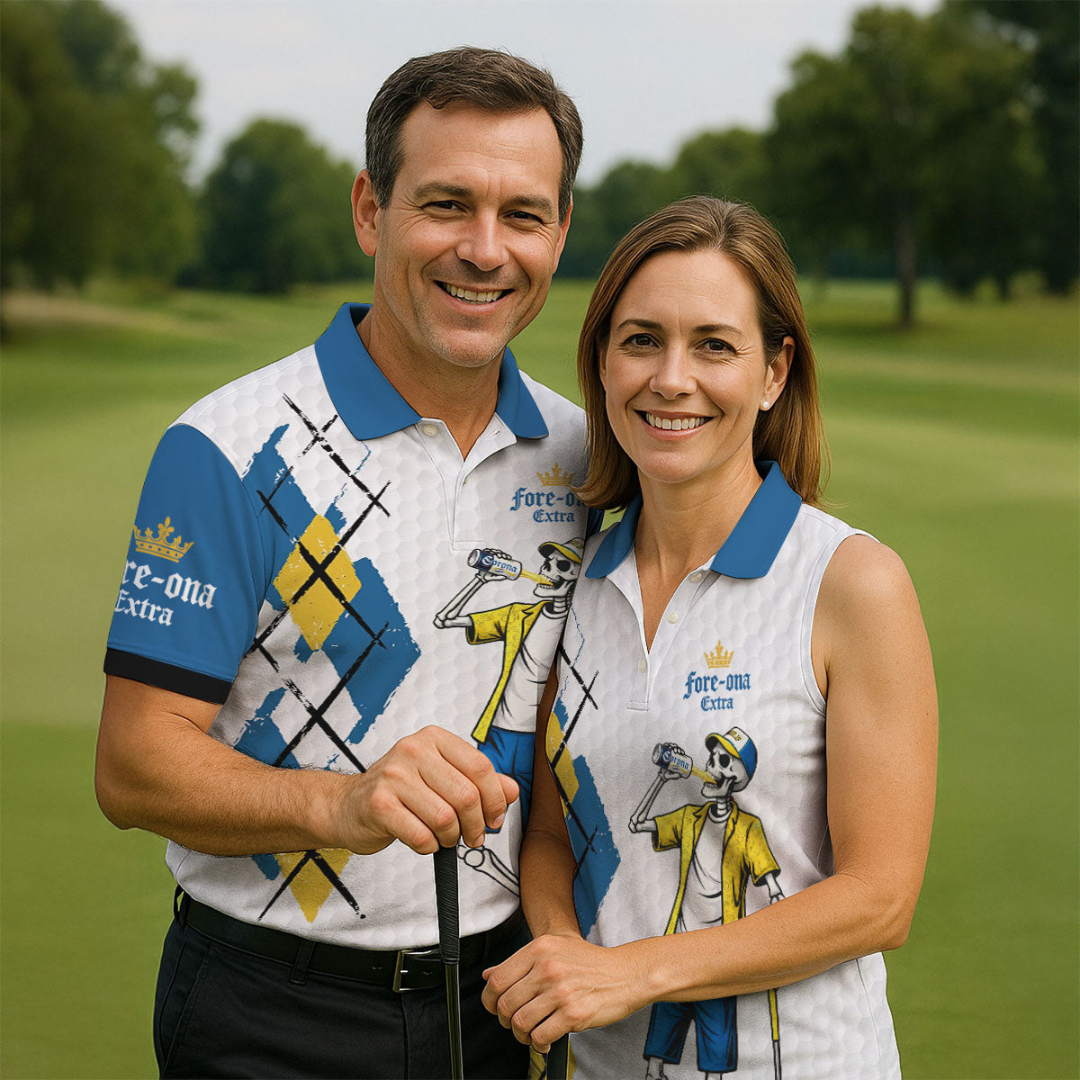 Blue Yellow Skeleton Golfer Beer Polo Shirt, Mens Golf Polo, Golf Apparel For Men