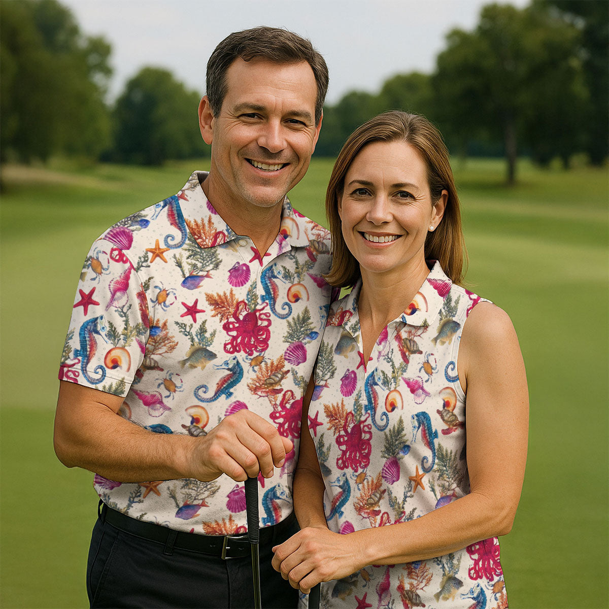 Marine Life Coral Reef Pattern Design Hawaiian Golf Shirt, Golf Shirts For Men, Polo Shirts For Men