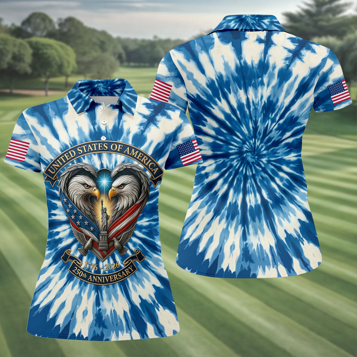 USA 250th Anniversary Tie Dye Print Bald Eagle Golf Shirt, Patriotic 4th Of July Golf Shirt For Women