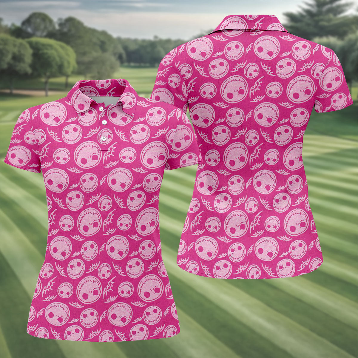 Pink Stitched Skull Halloween Golf Polo Shirt, Golf Tops For Women, Printed Golf Shirt
