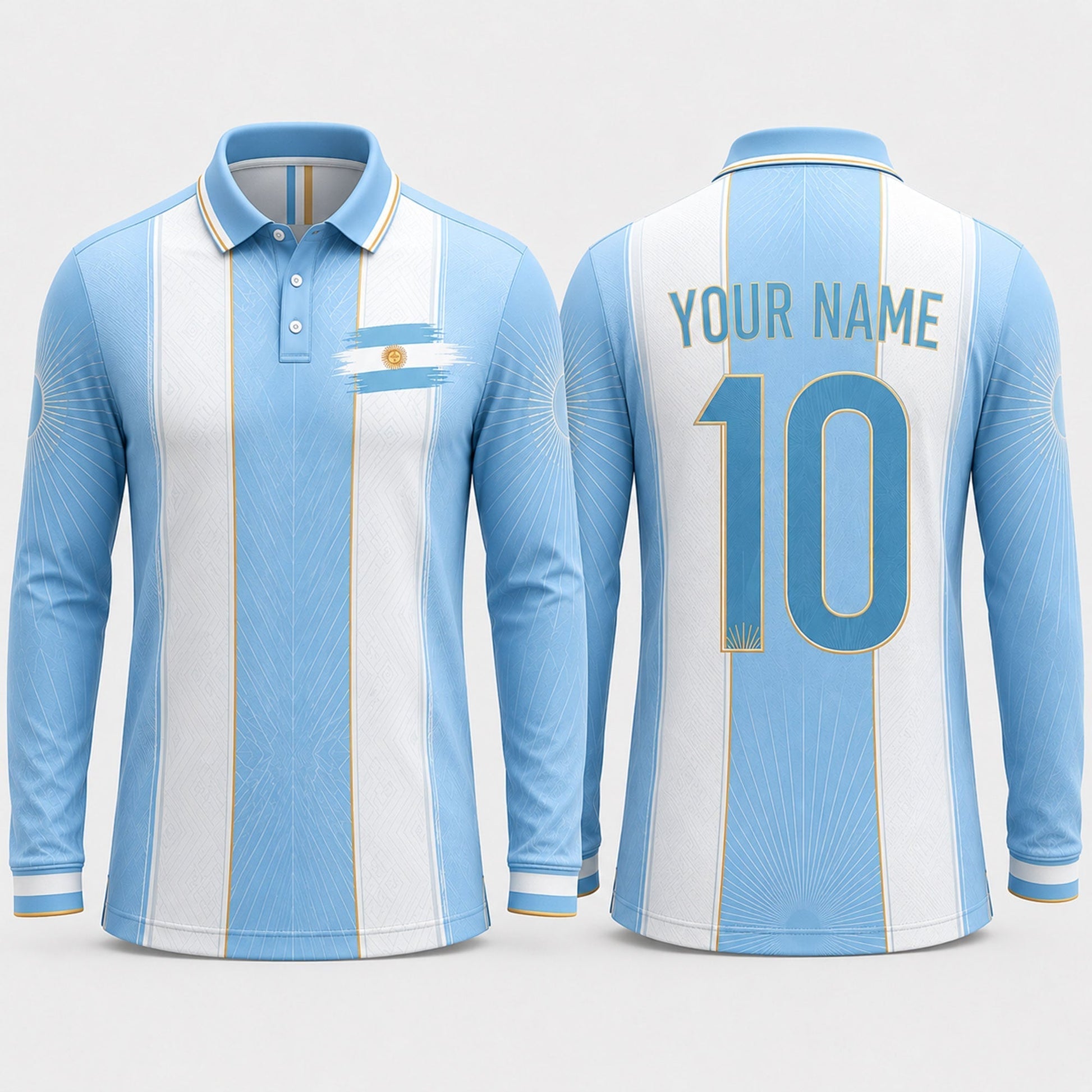 Argentinian Flag Sun Fooball Shirt, White Blue Stripes V-Neck For Men, Father's Day Presents
