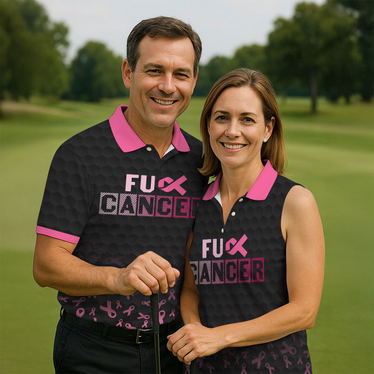Fuck Cancer Black Pink Ribbon Breast Cancer Polo Shirt, Men's Golf Shirt, Mens Golf Polo