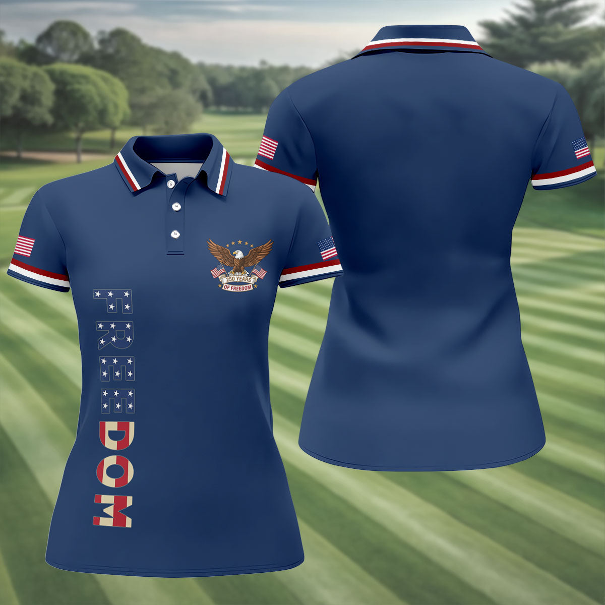 250 Years Of Freedom US Flag Logo Navy Golf Shirt, Patriotic 4th Of July Golf Shirt For Women