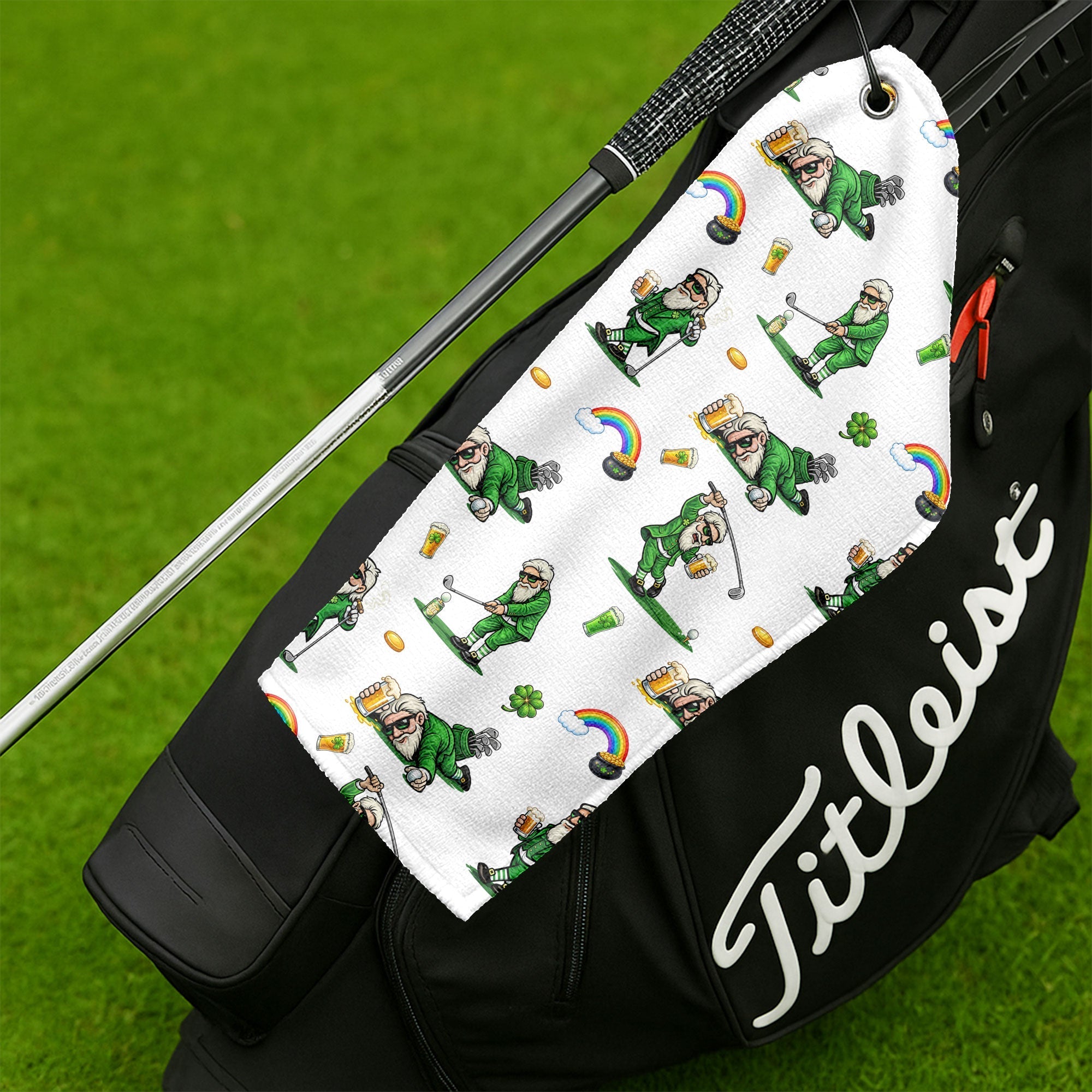 St. Patrick's Day Leprechaun Golf Towel White With Beer And Lucky Shamrock, Golf Towel, Funny Golf Gift