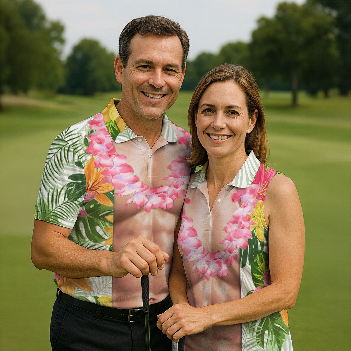 Light Skin Tropical Muscle Chest Hawaiian Golf Polo Shirt, Hawaiian Golf Shirt, Men's Golf Shirt