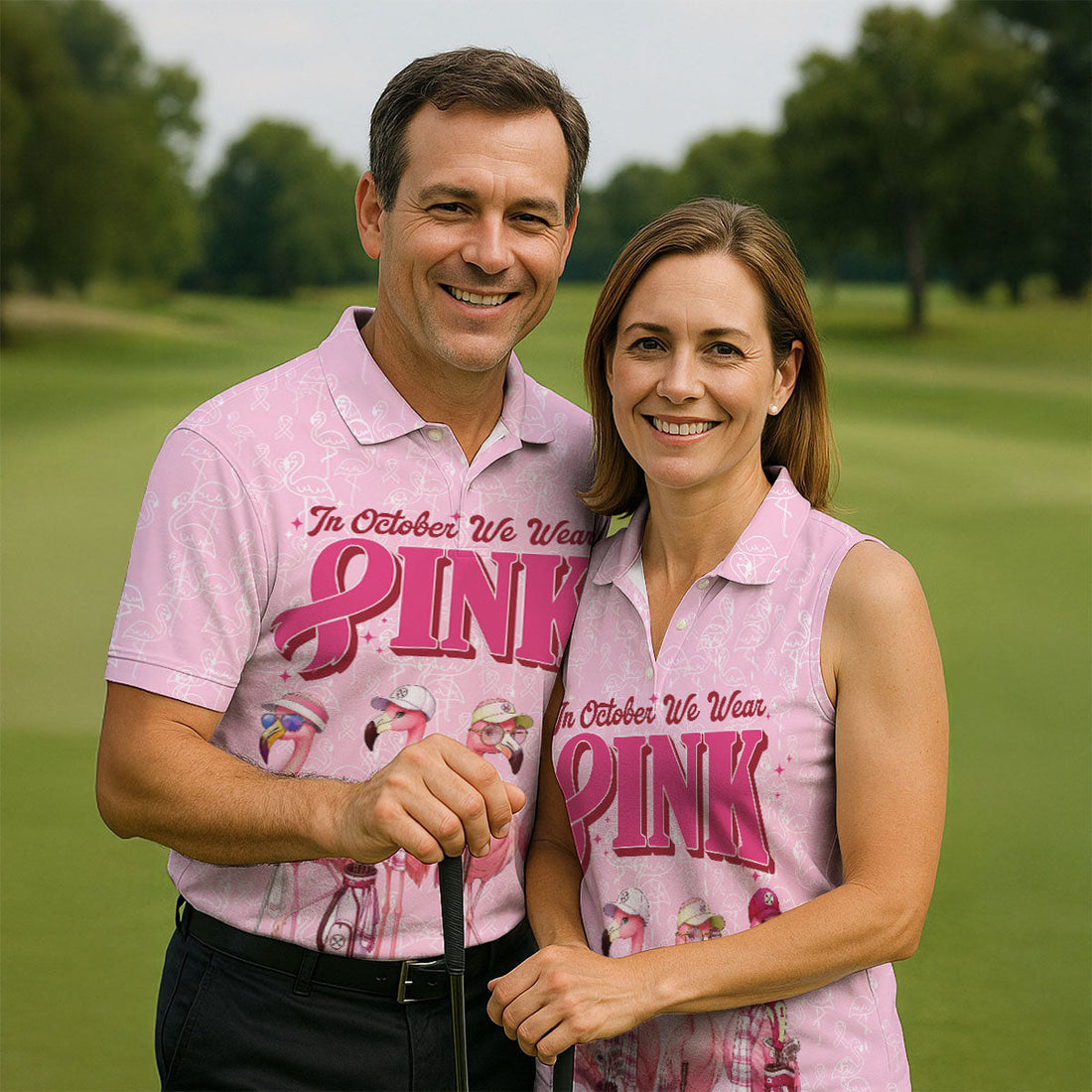 In October We Wear Pink Flamingo Breast Cancer Polo, Golf Shirts For Men, Mens Golf Polo