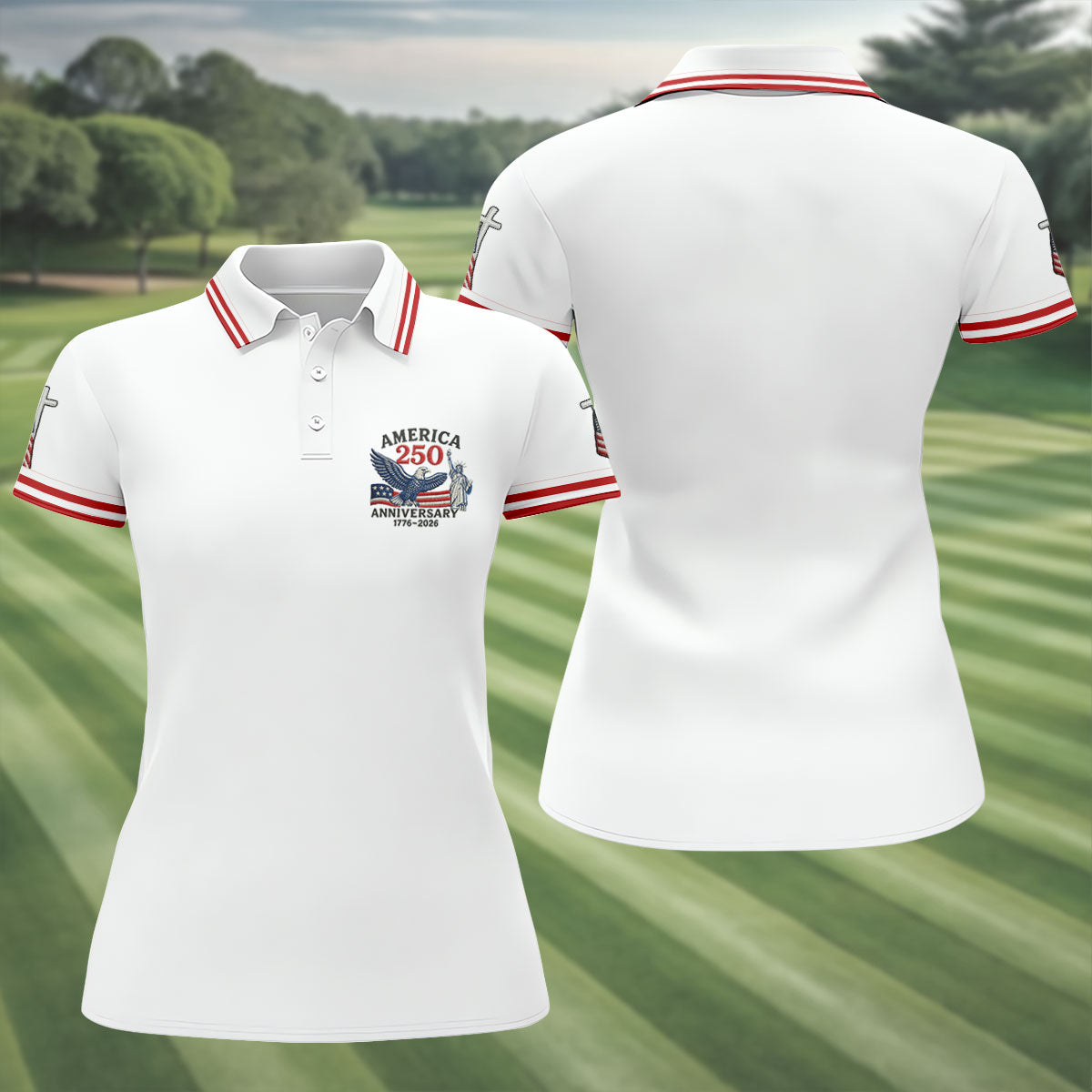 Faith Cross Bald Eagle America 250 Anniversary Patriotic Golf Shirt, Golf Shirt For Women