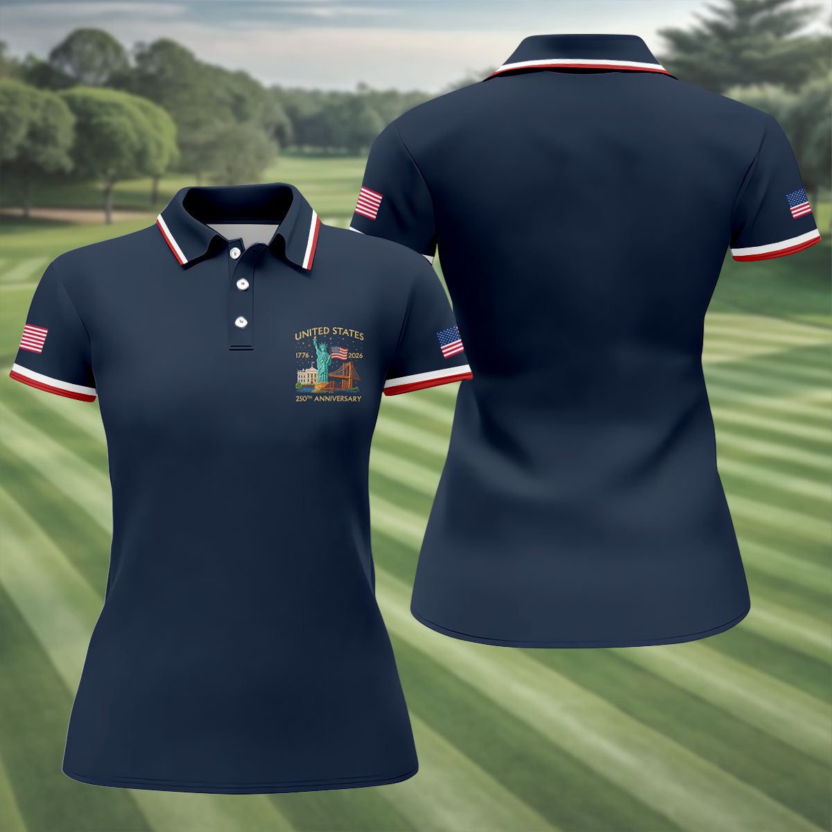 US 250th Anniversary Patriotic Golf Shirt, American Symbols 4th Of July Golf Shirt For Women