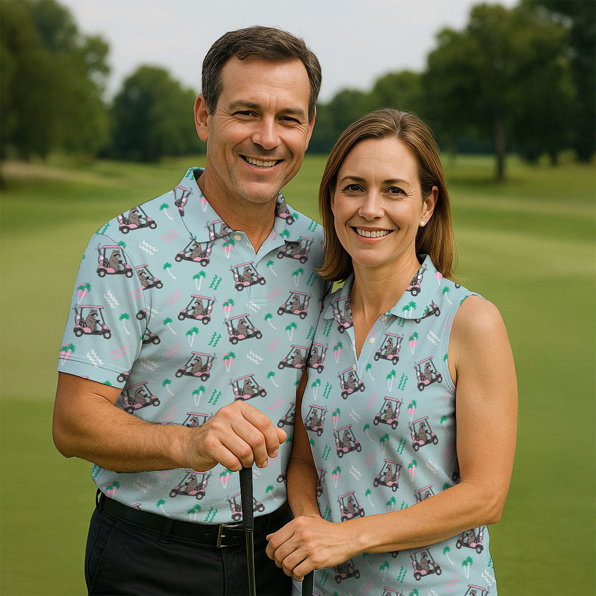 Funny Raccoon Golf Cart Tropical Polo Shirt, Hawaiian Golf Shirt, Golf Shirts For Men